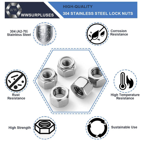 Image of 130-Piece SAE Lock Nut Set Stainless Steel 304 A2-70 showcasing corrosion and rust resistance qualities.