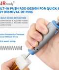 Hand using 20 Piece Pin Removal Tool Kit For Electrical Connectors with circular tube extractor and locking tangs.