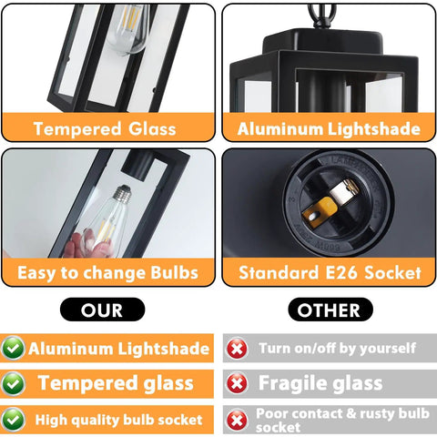 Slick Black Aluminum Outdoor Pendant Light With Tempered Glass showcasing easy bulb change, E26 socket, and aluminum lightshade features.