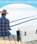 Man fishing on dock with Wall Mounted Cooler Fishing Rod Holder For YETI And RTIC attached, holding fishing rods securely.