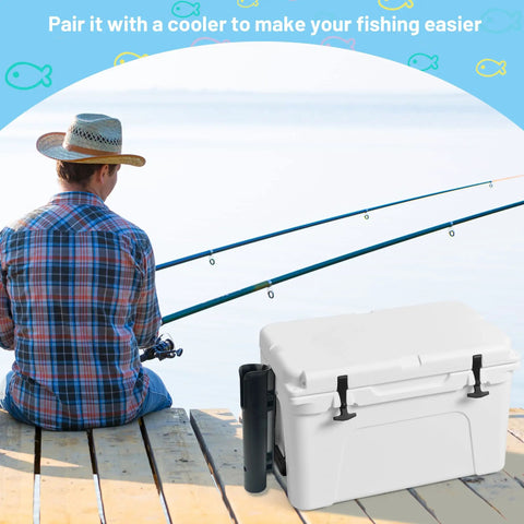 Man fishing on dock with Wall Mounted Cooler Fishing Rod Holder For YETI And RTIC attached, holding fishing rods securely.