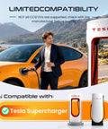 Nacs To Ccs1 Dc Fast Charging Adapter With Heavy Duty Safety Lock For Electric Vehicles, man charging orange EV at Tesla station.