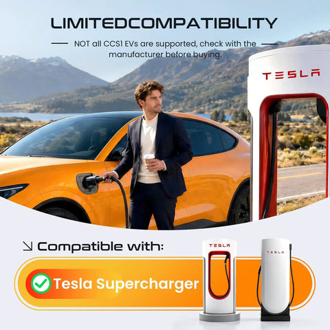 Nacs To Ccs1 Adapter For Tesla Superchargers 500A 1000V DC Fast Charging near Tesla charger with electric vehicle.
