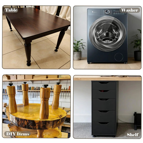 Heavy Duty Adjustable Leveling Feet Four Pack With One Inch Height Adjustment And Three Eights By Sixteen Thread Solid Steel Furniture Glides on a wooden table.