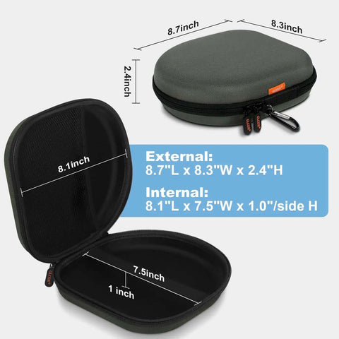 Heavy Duty Hard Shell Headphone Case, 8.7x8.3 inches, dark green exterior, internal mesh pocket for storage.