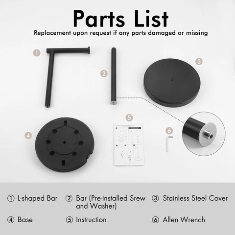 Parts List for Freestanding Matte Black Toilet Paper Holder Stand, Rustproof SUS304 Stainless Steel Tissue Roll Holder, components labeled.