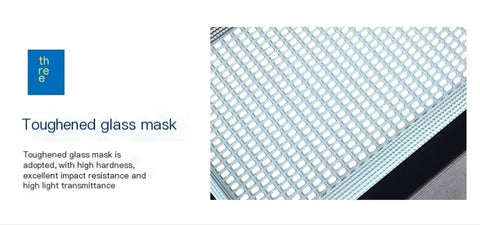 Close-up of the toughened glass mask showcasing its tough texture and light transmittance features.