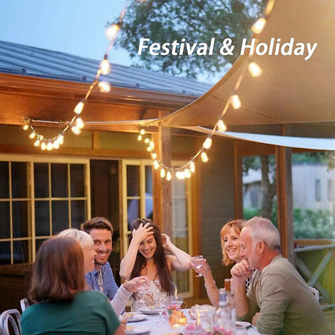 Outdoor String Lights 20Ft With 22 Edison Bulbs E17 Base creating ambiance over a dining area in a garden setting