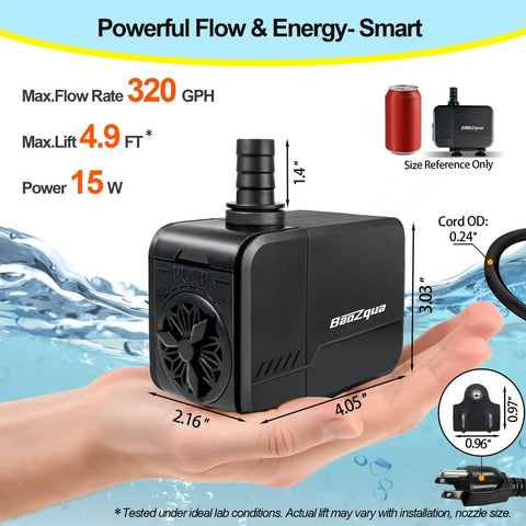 320 GPH Submersible Water Pump For Aquarium Pond And Hydroponics Quiet Energy Efficient With Three Nozzles Six Point Six Foot Power Cord And Max Lift Four Point Nine Feet shown in hand for scale