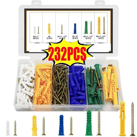 Self Drilling Drywall Anchors Kit With Screws 232-Piece Wall Plugs And Expansion Bolts For Quick No-Prep Install And Easy Heavy-Duty Mounts On Studless Walls Yellow Zinc Plated Carbon Steel For Rust And Wear Resistance