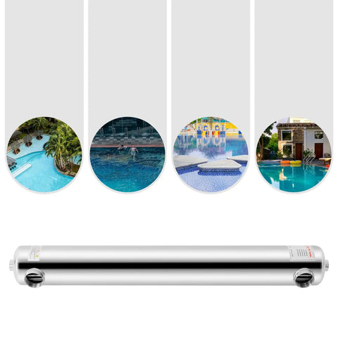 Efficient 120KW Pool Heat Exchanger With 304 Stainless Steel Tube And Shell Construction shown with pool and spa images