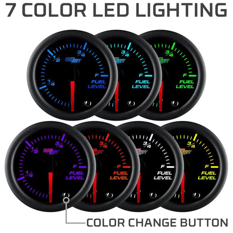 Tinted 7 Color Adjustable Fuel Level Gauge For 2 1/16 Inch (52mm) Dash Mount Reads Gas Or Diesel Level With Easy Color Shift with color options