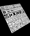 Hella Durable 36 Piece Stainless Steel Hobby Detailing Set With Slick Carving Rulers Scribe Markers And Top Shelf Drill Hole Stencils For Scale Gundam And Military Model Kits Crafting drill templates on white sheet.