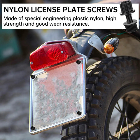 Motorcycle license plate attached with Heavy Duty License Plate Bolts Set 8 Pcs 6mm Diameter and 25mm Length Nylon Screws