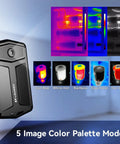 Pocket Thermal Camera With 160x120 Infrared Resolution showing color palette modes, black aluminum build, 3.5 inch screen