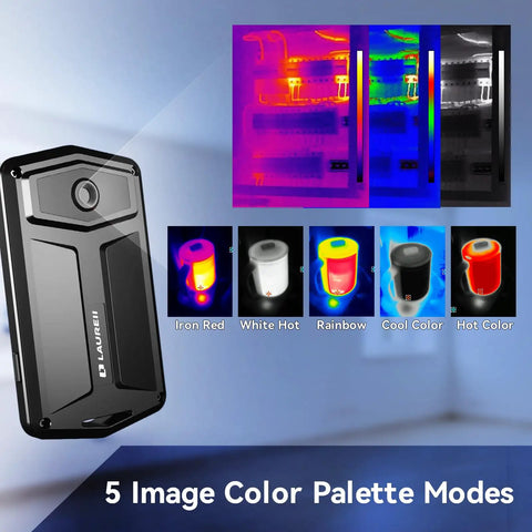 Pocket Thermal Camera With 160x120 Infrared Resolution showing color palette modes, black aluminum build, 3.5 inch screen