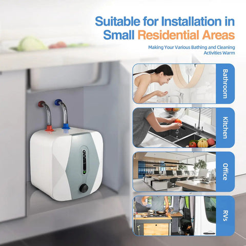 Bad Ass Little Under Sink Electric Water Heater Knocks Out Quick Instant Hot Water For Kitchen Or Bathroom Fast Recovery 8 Liter Mini Tank 1500 Watt 110 Volt mounted under sink.