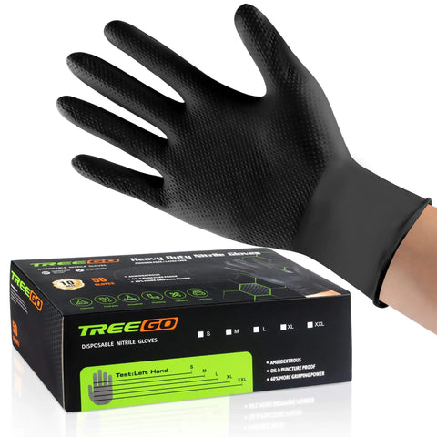 10 Mil Heavy Duty Black Nitrile Mechanic Gloves XL, 50 Count Pack for Rugged Grips and Torque, Built for Tough Jobs and Everyday Hand Protection and More. Black nitrile glove on hand with box