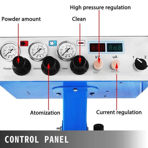 Control panel of Industrial Powerhouse Electric Powder Coating Machine Equipped With Electrostatic Spray Gun with settings for powder amount and pressure.