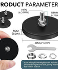 12 Pack Rubber Coated Neodymium Threaded Mounting Magnets size dimensions showing the base and hardware for secure mounting applications.