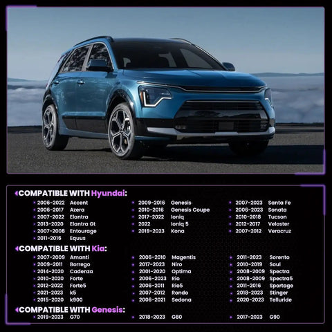 Blue modern car with compatibility list for Hyundai, Kia, and Genesis models displayed below.