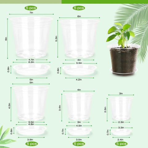Clear Nursery Pots With Drainage Trays, 25 Pack Plastic Pots For Plants, showing sizes from 3 to 7 inches with tray, used for indoor gardening