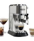 Game Changer Automatic Espresso Machine With Solid 15 Bar Pressure And Easy Dials For Killer Cappuccinos And Creamy Lattes Compact 35 Oz Metallic Coffee Brewer, silver with cappuccino and espresso drinks.