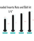 Heavy Duty Threaded Insert Nuts And Barrel Bolt Assortment Kit For Wooden Furniture And Crib Assembly With Solid Carbon Steel Construction and Slick Black Coating Includes 25 Complete Sets Of Reliable Hex Socket Hardware Easy As Pie To Install, showing various sizes of bolts and nuts.