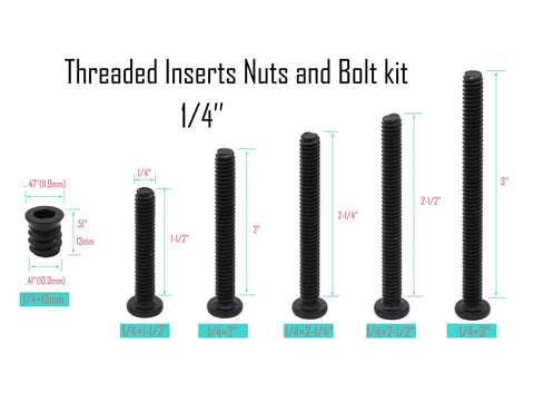 Heavy Duty Threaded Insert Nuts And Barrel Bolt Assortment Kit For Wooden Furniture And Crib Assembly With Solid Carbon Steel Construction and Slick Black Coating Includes 25 Complete Sets Of Reliable Hex Socket Hardware Easy As Pie To Install, showing various sizes of bolts and nuts.