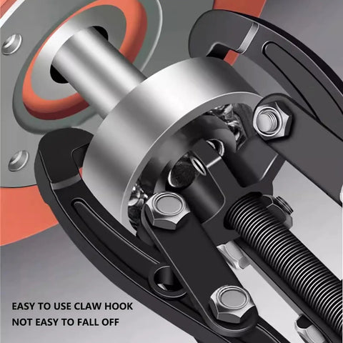 Close-up of Pro Grade Die Forged Carbon Steel Bearing Puller Kit with multi-jaw clamps for effective pulley extraction.