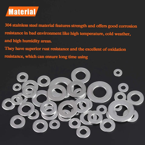 Top view: HELIFOUNER stainless steel flat washer assortment, 270 pcs in 8 sizes (1/2, 3/8, 5/16, 1/4, 12#, 10#, 8#, 6#).