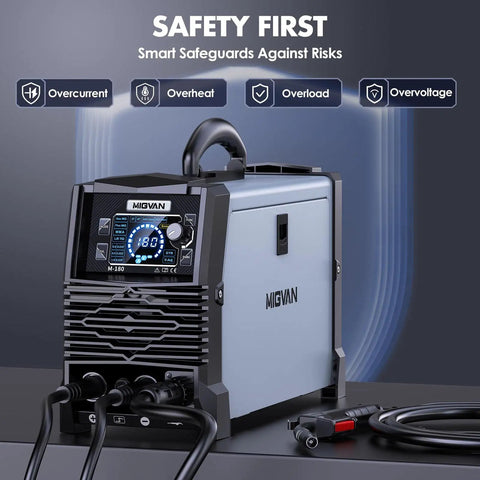 180 Amp All In One MIG Welder With Dual Voltage 110V 220V For Gas And Gasless Flux Core Welds Lift TIG Stick And Spool Gun 5 In 1 Portable Welding Machine With 2T 4T Modes For DIYers Beginners And Pros, shown in front view with safety icons