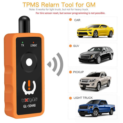 No Sweat TPMS Relearn Scanner For Gm Chevy Buick Gmc Cadillac Tire Pressure Reset Activation With Heavy Duty Antenna, featuring handheld design.