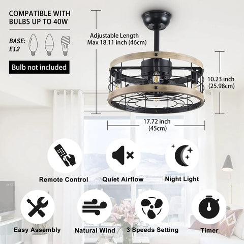 Farmhouse Style Ceiling Fan With Light And Remote Caged Low Profile Flush Mount Ceiling Fan In Black And Wood with dimensions and features