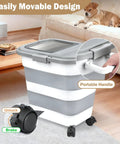 Collapsible Airtight Rice Storage Container With Cup And Scoop, featuring portable handle and wheels, in a living room.