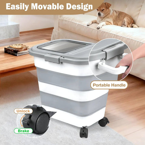 Collapsible Airtight Rice Storage Container With Cup And Scoop, featuring portable handle and wheels, in a living room.