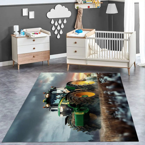 Farm Tractor Rug 3 By 5 Ft For Living Room And Bedroom, Super Cozy Ultra Soft Flannel Surface, displayed in a nursery.