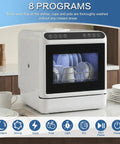 Standalone Countertop Dishwasher With Six Liter Internal Tank And Truly Zero Hookup Hassles Perfect For Apartment Living And Small Kitchens featuring 8 programs on display.