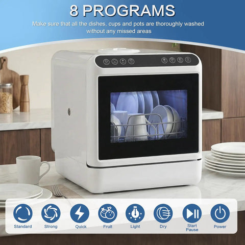Compact Portable Countertop Mini Dishwasher With Built Water Tank Easy Peasy Setup For Urban Dwellers And Camper Travelers showing 8 wash programs.