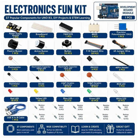All In One Electronics Kit With UNO R3 Compatible Board Power Supply Module 480 Pcs Of Components 830 Tie Point Breadboard