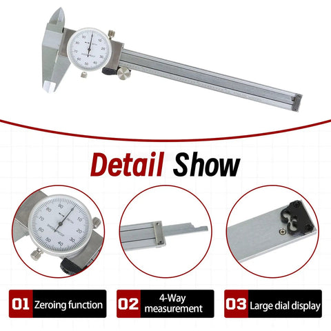 6 Inch Dial Caliper With 0.001 Inch Precision, Stainless Steel Measuring Tool For SAE Inches, 4-Way Measurement features