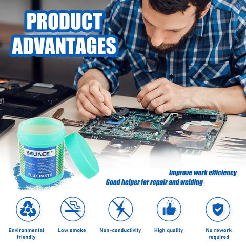 Technician using No Clean Solder Paste Flux For Dope Eco Friendly Electronics Soldering Pro Grade For CPU Disassembly And Assembly BGA And SMD PCB Repair Lead Free Acid Free Low Odor Safe And Non Toxic Environmentally Friendly 5.15oz 146g