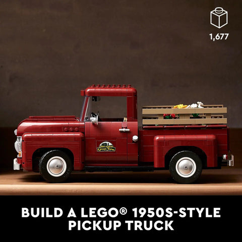 Icons 10290 Pickup Truck Building Set for Adults with Vintage 1950s style featuring a realistic step side bed and removable wood railings
