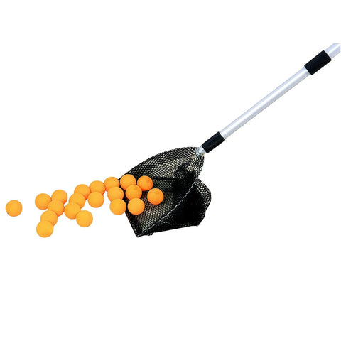 Extendable Ball Picker For Golf And Table Tennis Balls, One Hand Grab, Aluminum Alloy Frame With Nylon Net, holding orange balls