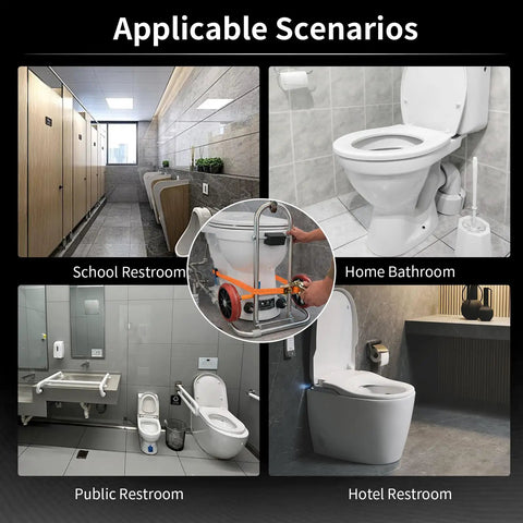 Toilet Lift Cart With Wheels, Seat Lifter, And Plumbing Dolly For Disabled Use shown with various restroom scenarios.