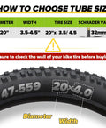 Diagram showing tire dimensions for Fat Bike Inner Tube 20x3.5-4.5 Fits 20 Inch Fat Tires 32mm Schrader Valve Includes Tire Lever