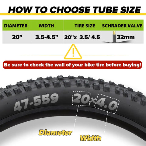 Diagram showing tire dimensions for Fat Bike Inner Tube 20x3.5-4.5 Fits 20 Inch Fat Tires 32mm Schrader Valve Includes Tire Lever