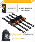 No-Tangle Auto Retractable Ratchet Straps 1 Inch by 6-Foot Four Pack with Rubber Coated Handles and S Hooks, storage bag