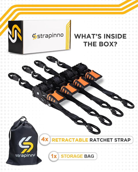 No-Tangle Auto Retractable Ratchet Straps 1 Inch by 6-Foot Four Pack with Rubber Coated Handles and S Hooks, storage bag
