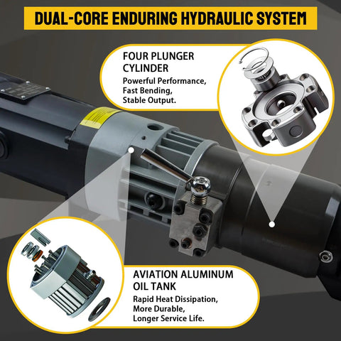 Heavy Duty 1800W Electric Hydraulic Rebar Bender Straightener With Portable Toolbox, showing hydraulic system components.